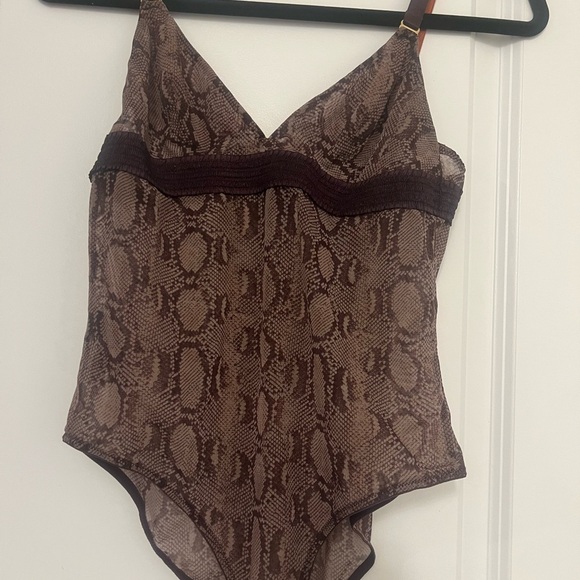 NWOT-STELLA MCCARTNEY Aubergine & Beige Sheer Python Print Lingerie Bodysuit S/M - Picture 1 of 3